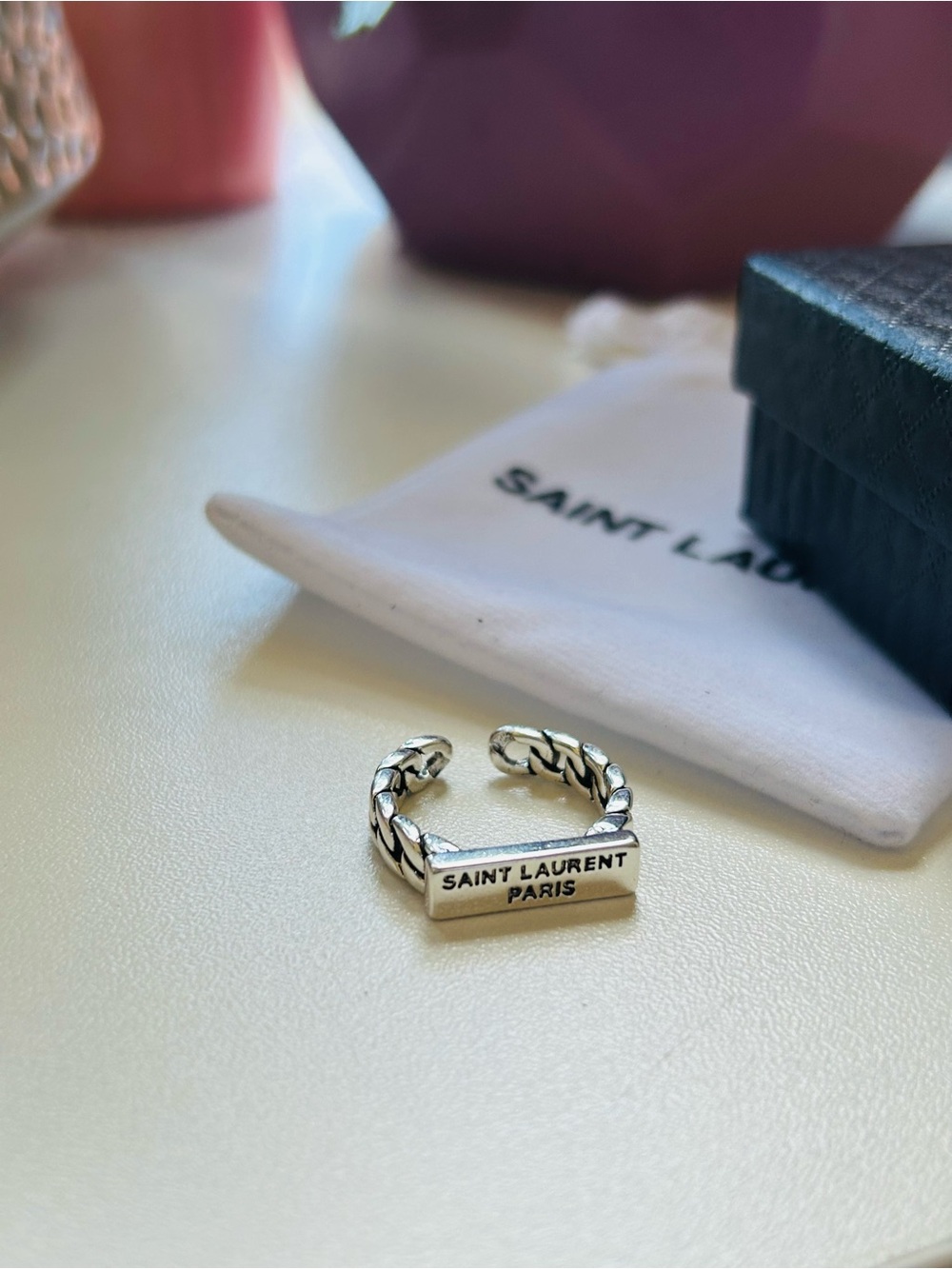 Saint Laurent Silver Braided Open Ring with Logo Plaque